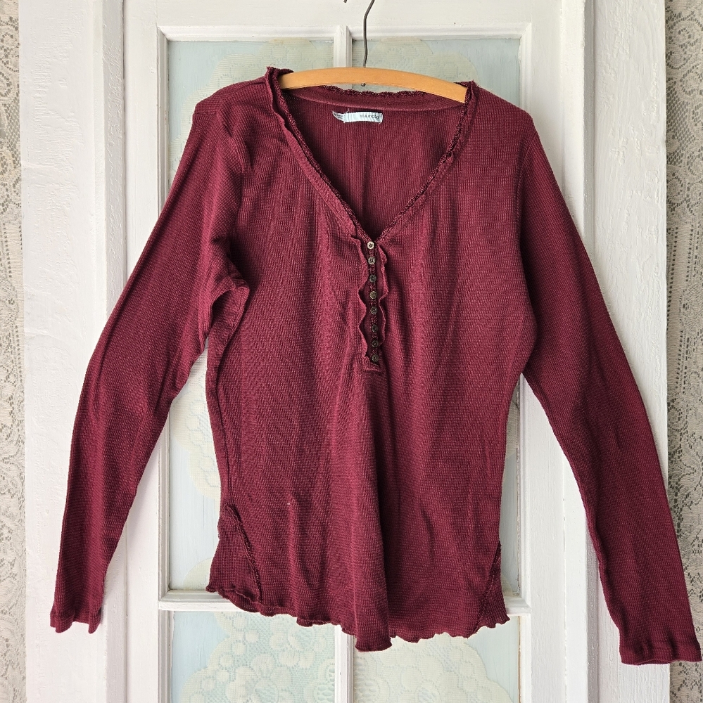Maurices Burgundy Waffle Knit Ruffle Henley Top | Size XXL